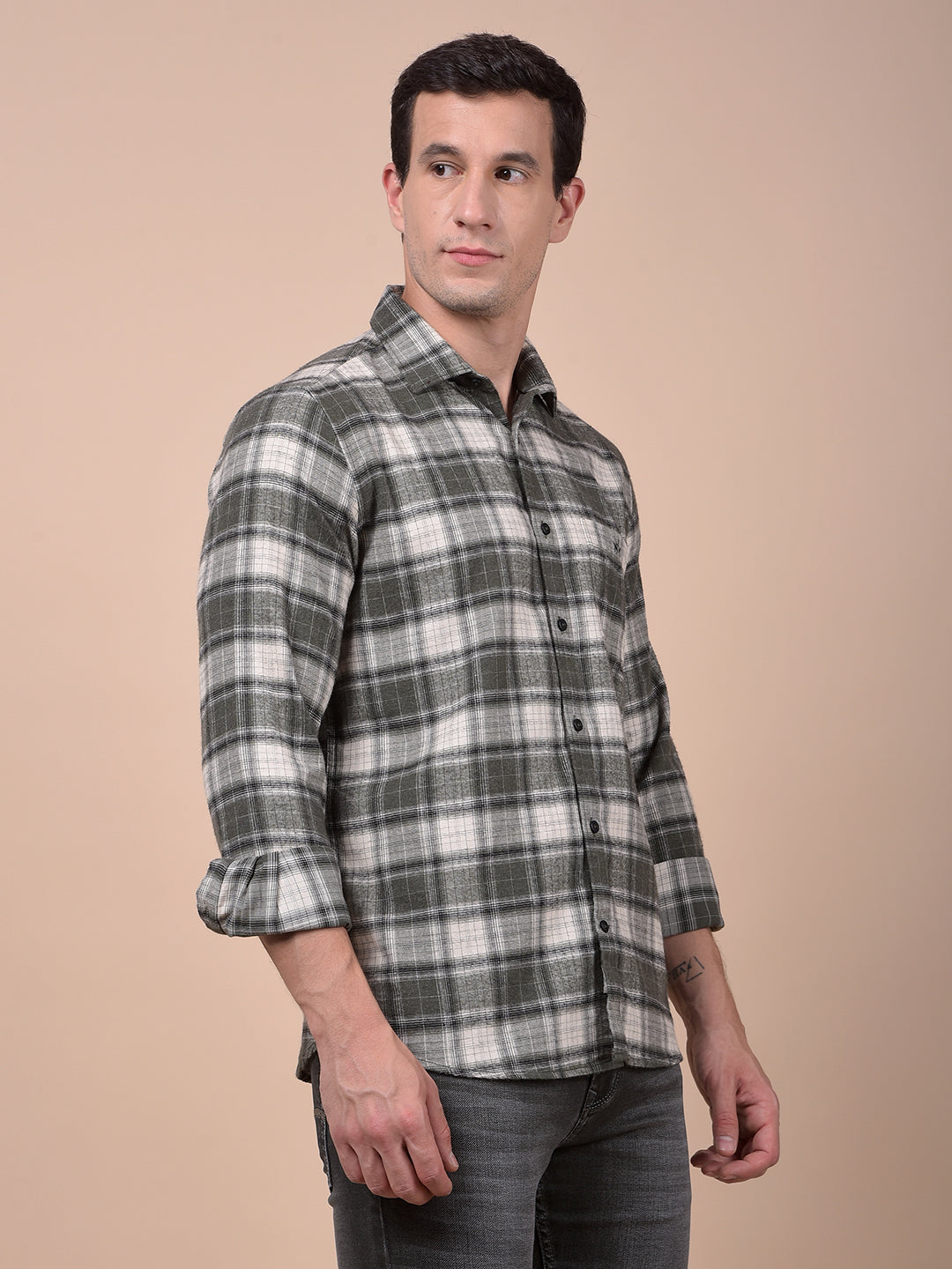 Olive Checked 100% Cotton Shirt