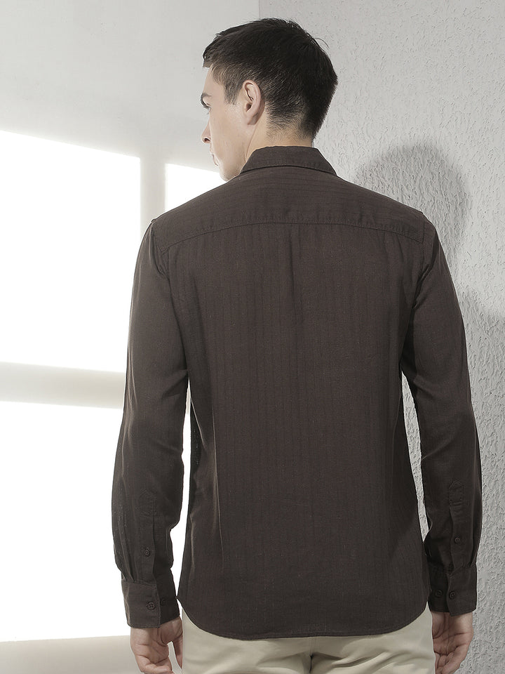 Brown Vertical Stripes Linen Shirt