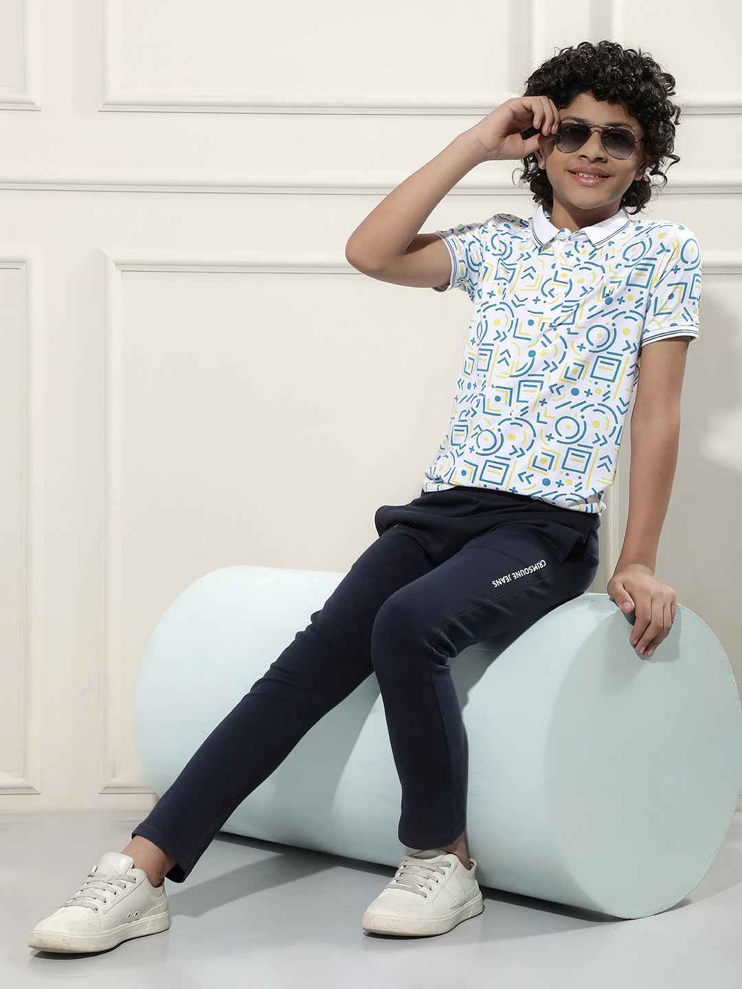 Geometric Print White Polo T-Shirt