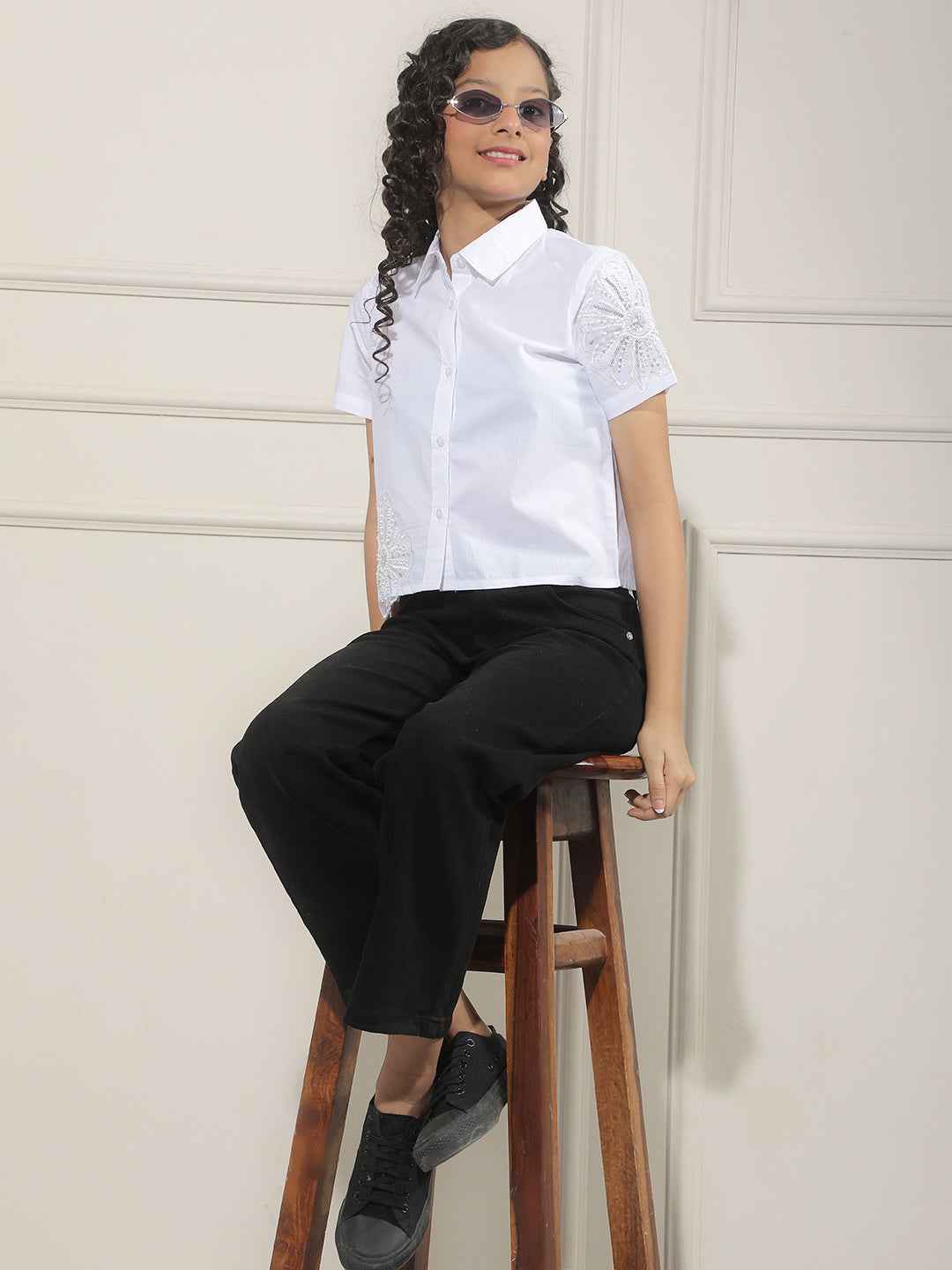 White Embroidered Cropped 100% Cotton Shirt