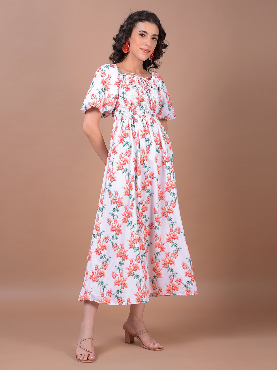White Floral Print Square Neck A-Line Dress