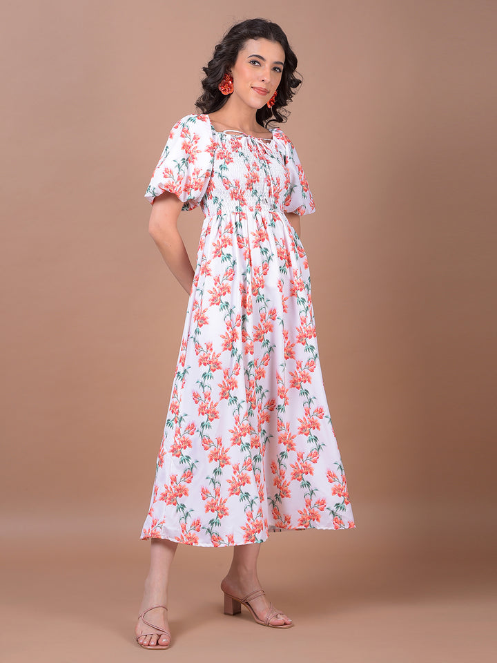 White Floral Print Square Neck A-Line Dress