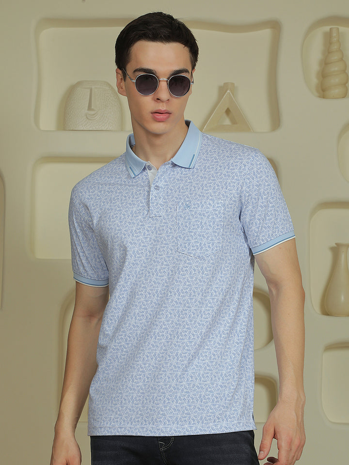 Blue Printed Polo Neck T-Shirt