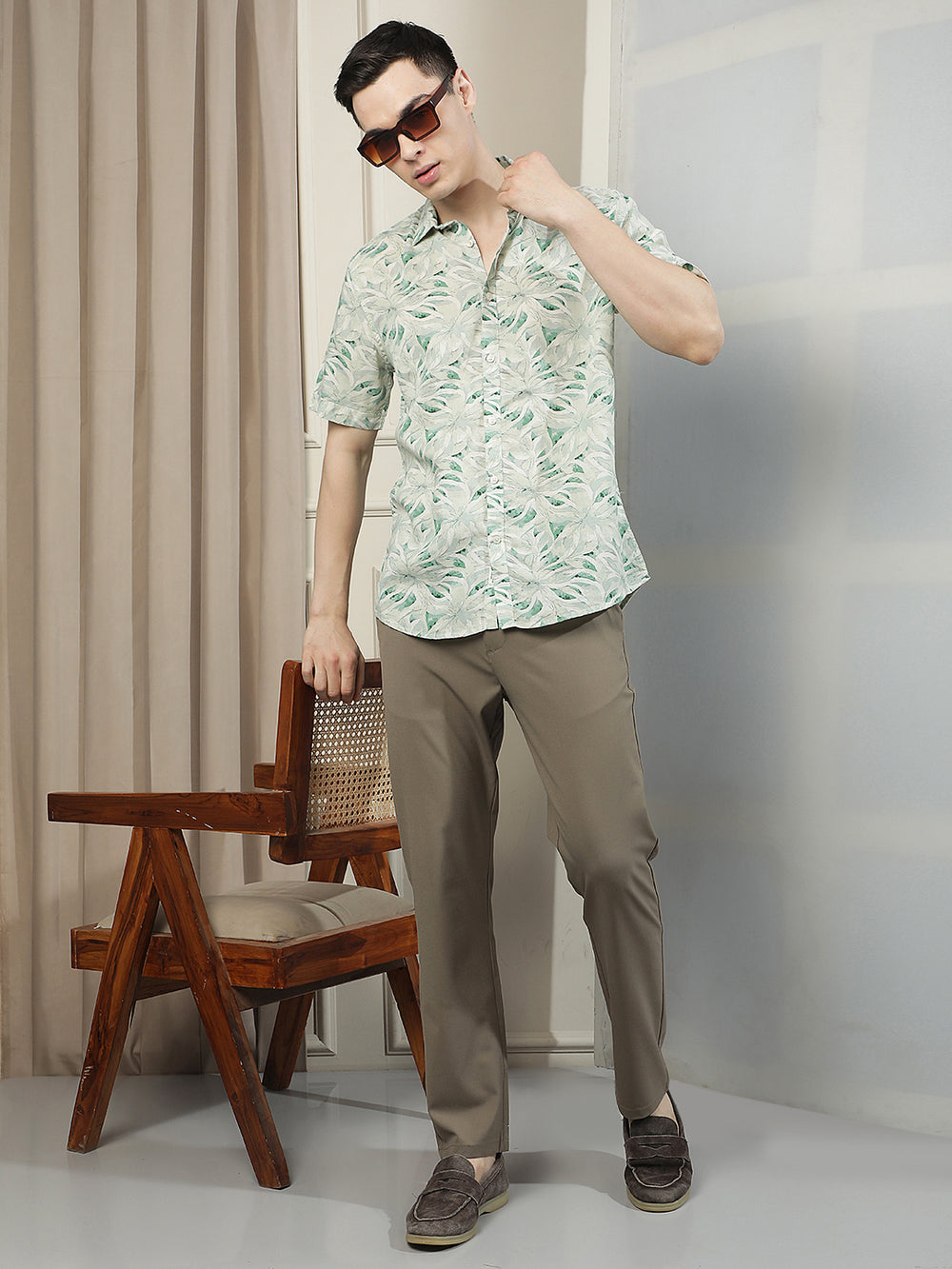 Green Floral Print Linen Shirt