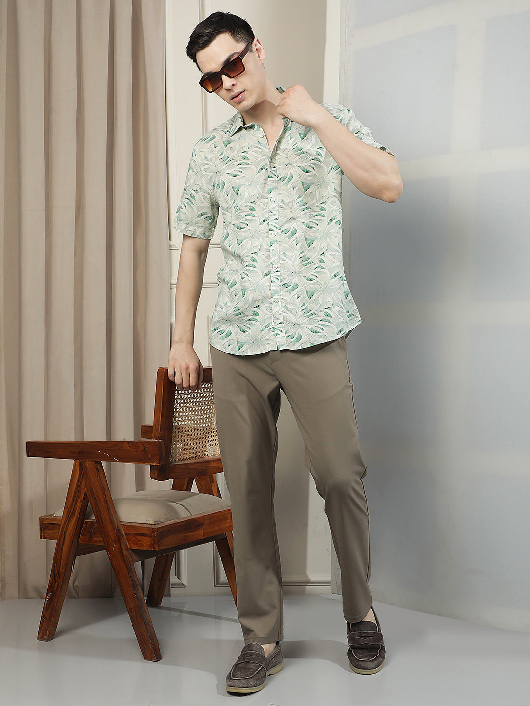 Green Floral Print Linen Shirt