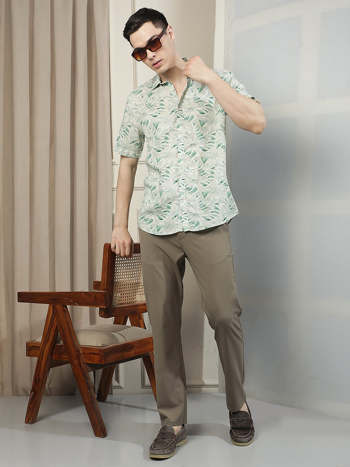 Green Floral Print Linen Shirt
