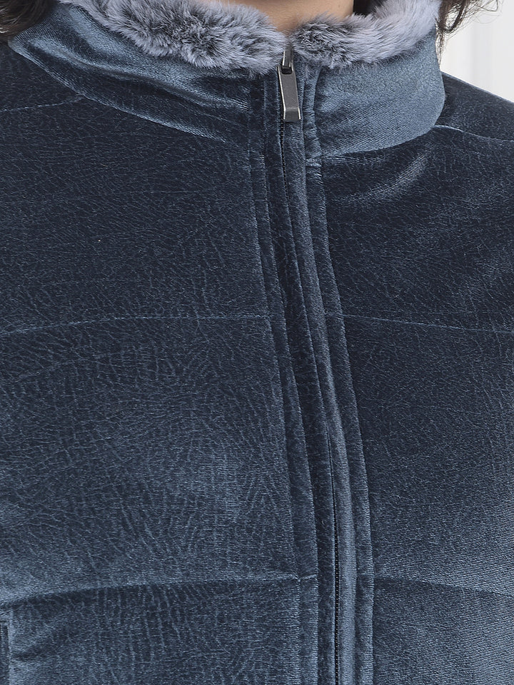 Blue High Neck Cropped Jacket