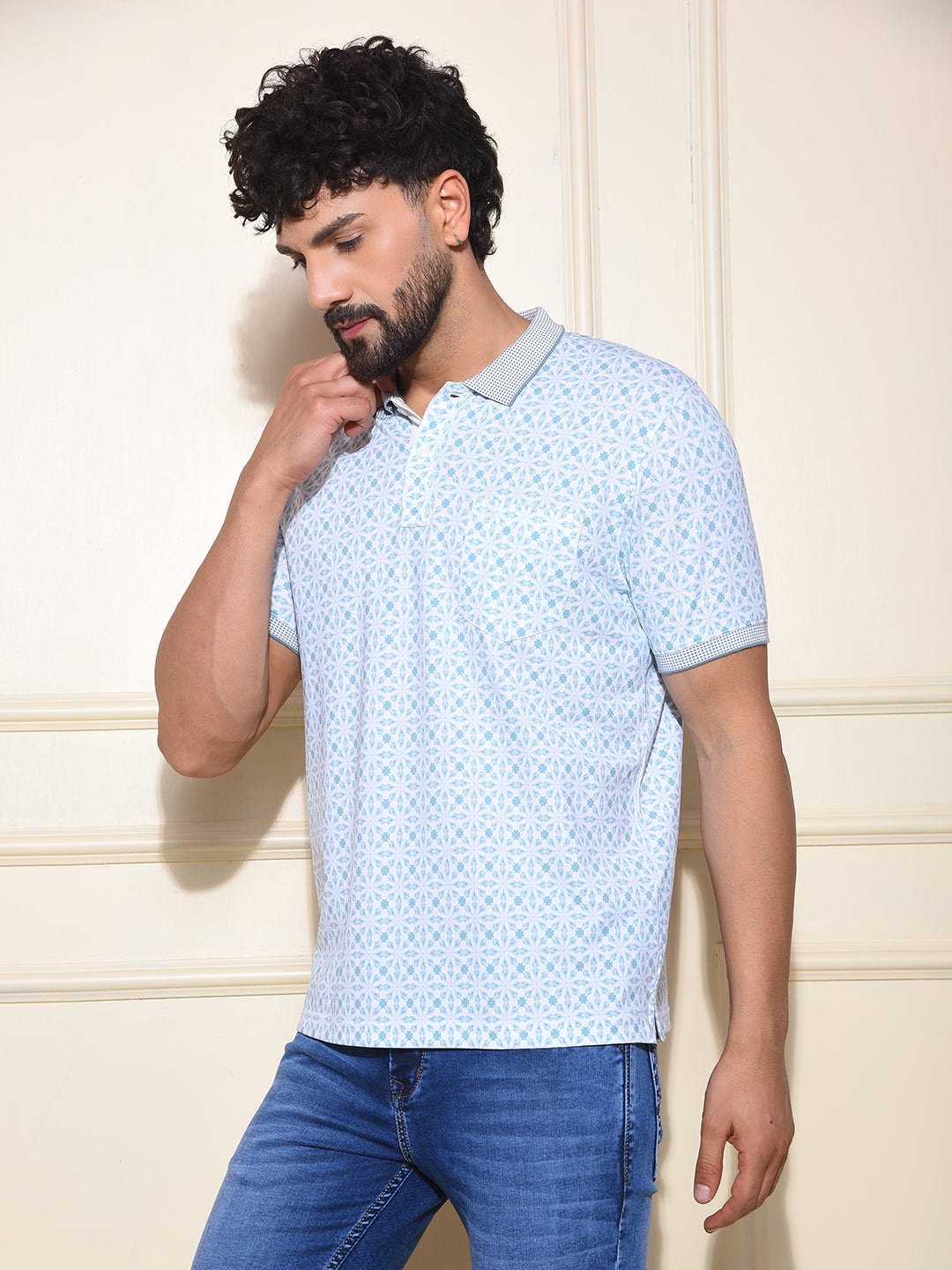 Blue Printed Polo-Neck T-Shirt