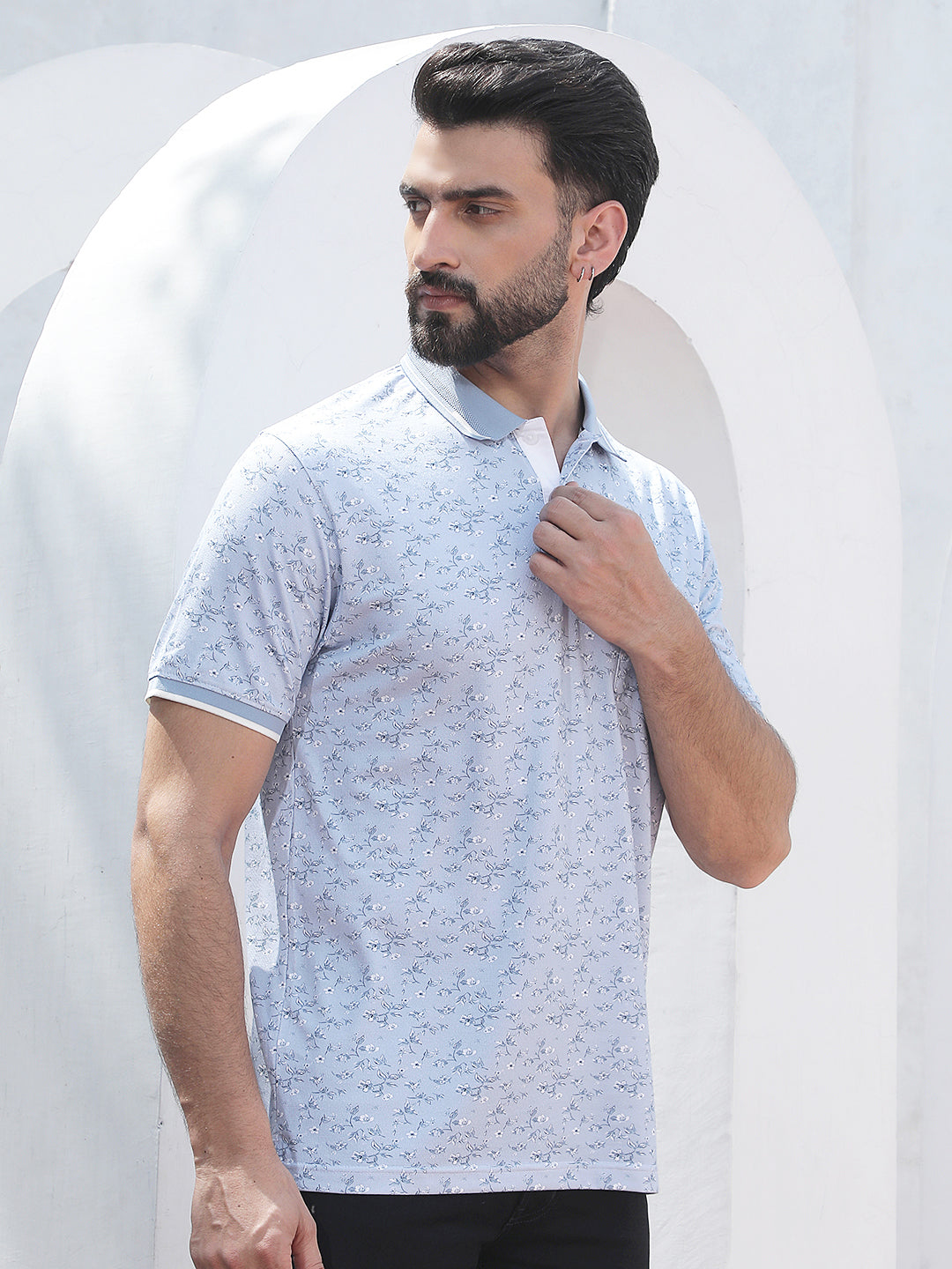 Blue Floral Print Polo Neck T-Shirt