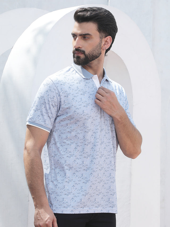 Blue Floral Print Polo Neck T-Shirt