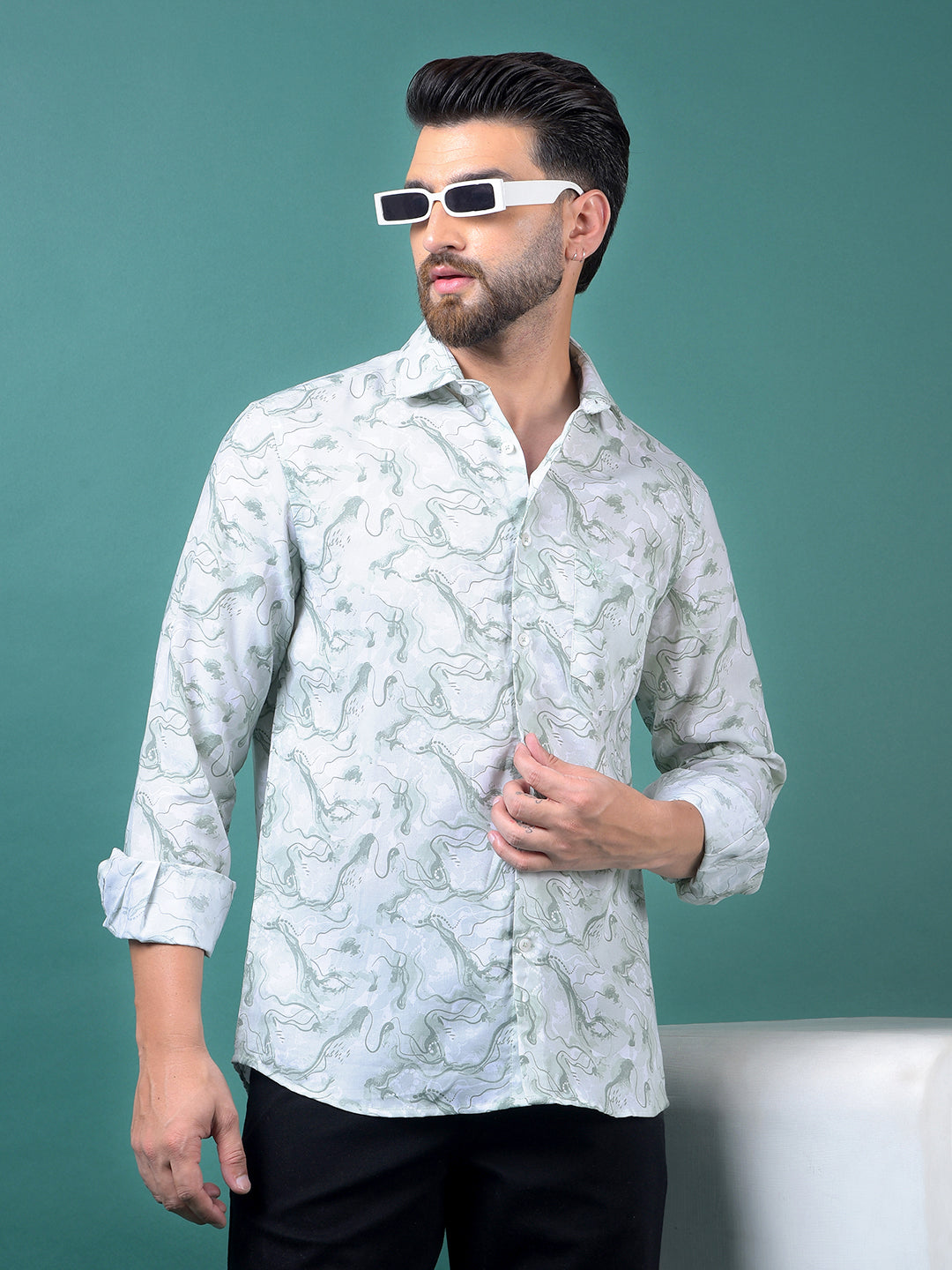 Green Abstract Print Shirt-Men Shirts-Crimsoune Club
