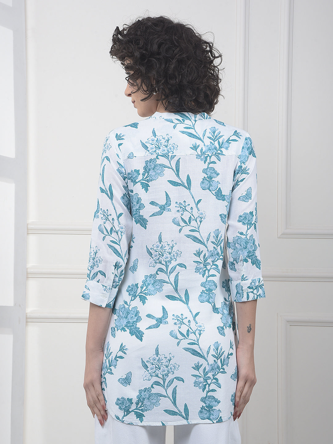 Green Floral Print V-Neck Linen Top