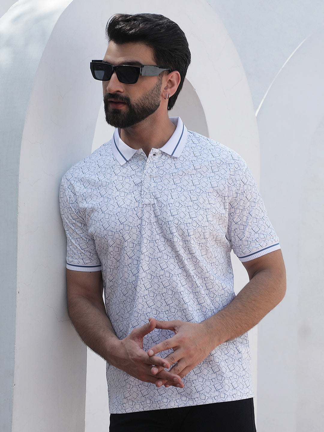 Blue Geometric Print Polo Neck 100% Cotton T-Shirt