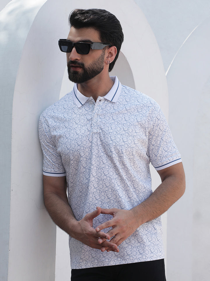 Blue Geometric Print Polo Neck 100% Cotton T-Shirt