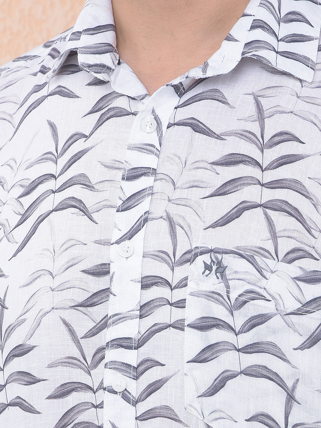 Off White Floral Print Linen Shirt