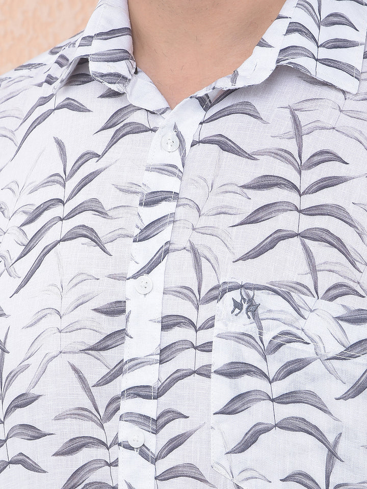 Off White Floral Print Linen Shirt