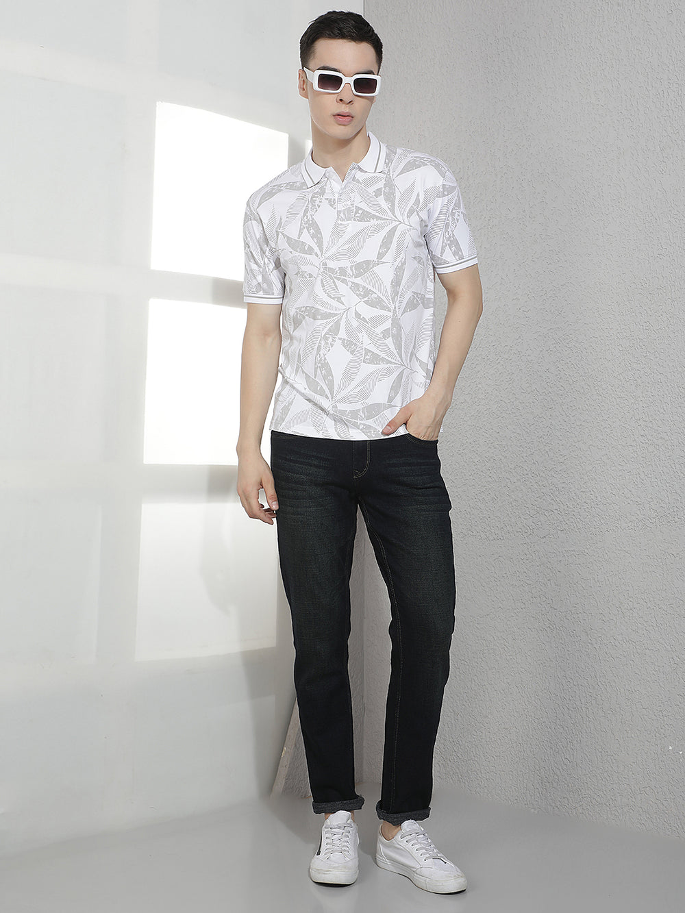 White Floral Print Polo Neck T-Shirt