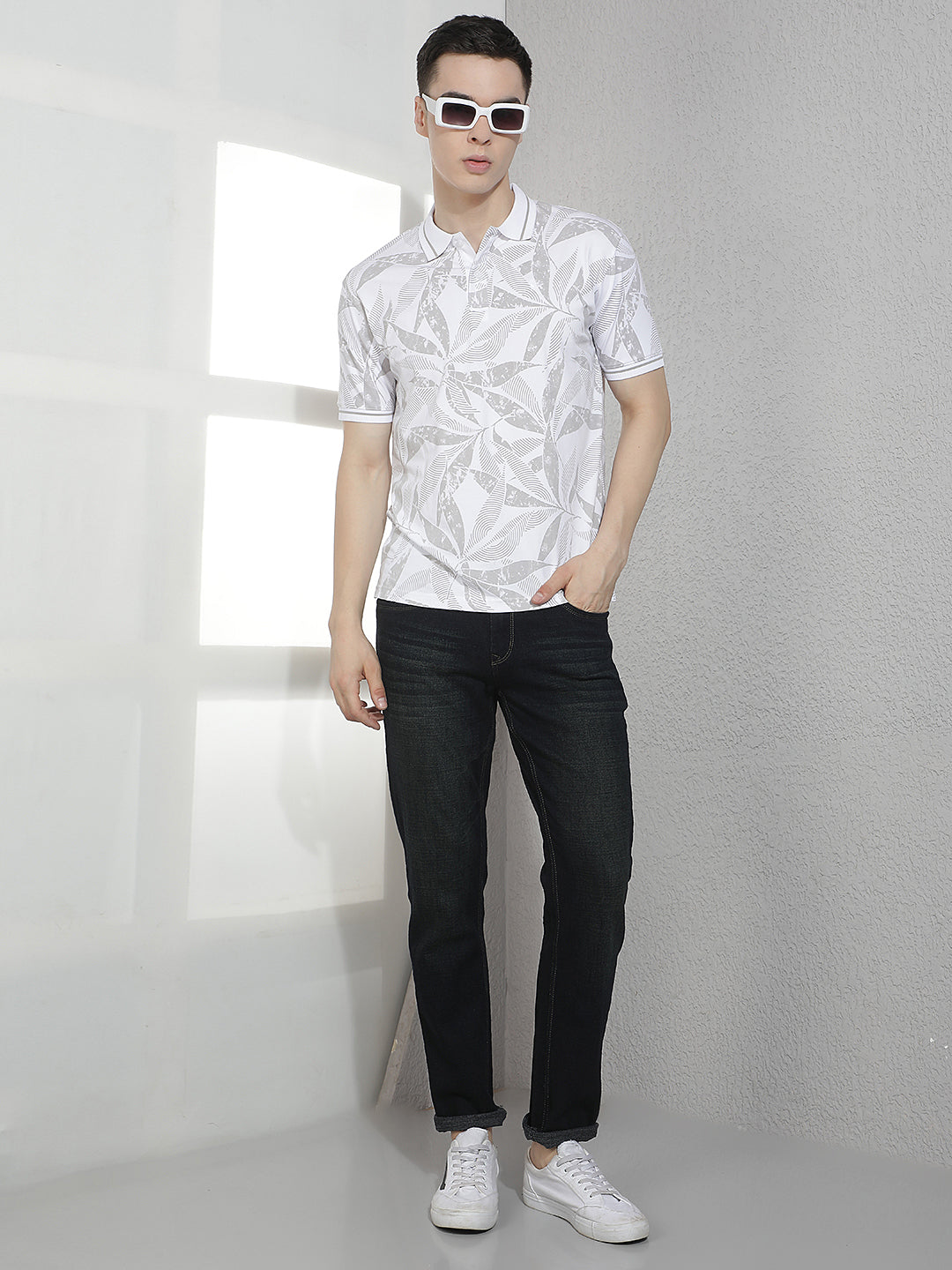 White Floral Print Polo Neck T-Shirt