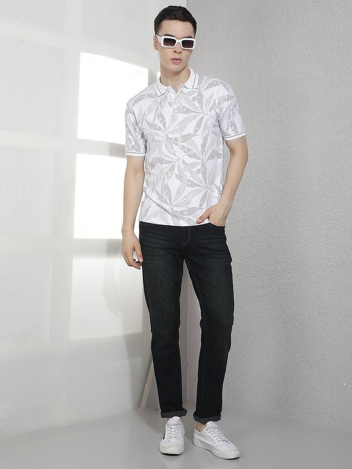 White Floral Print Polo Neck T-Shirt