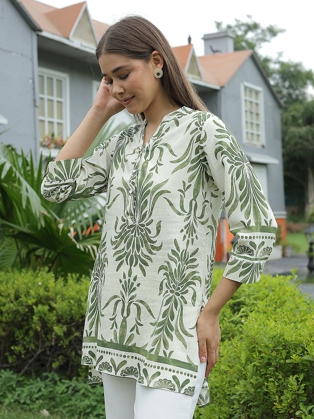 Green Floral Print V-Neck Top
