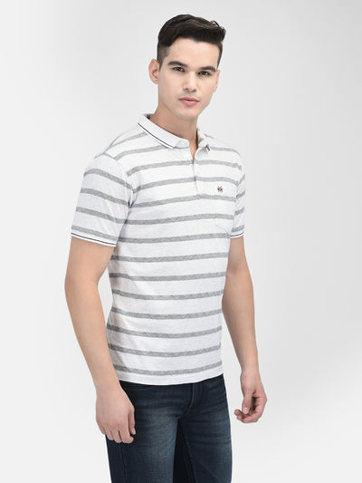 White Horizontal Stripes Polo Neck T-Shirt