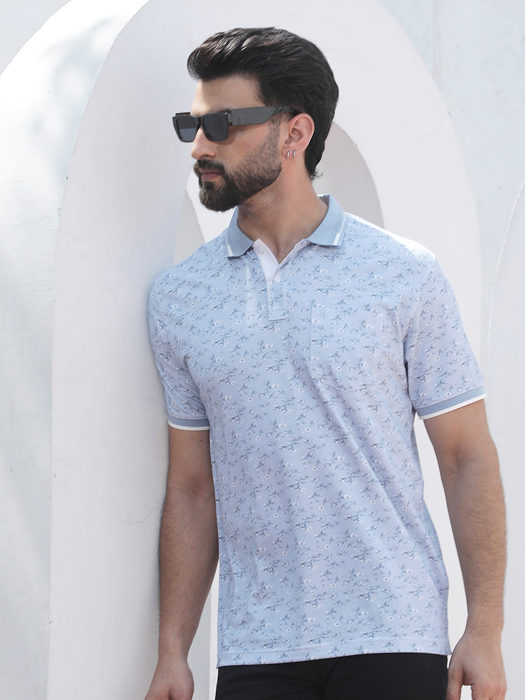 Blue Floral Print Polo Neck T-Shirt