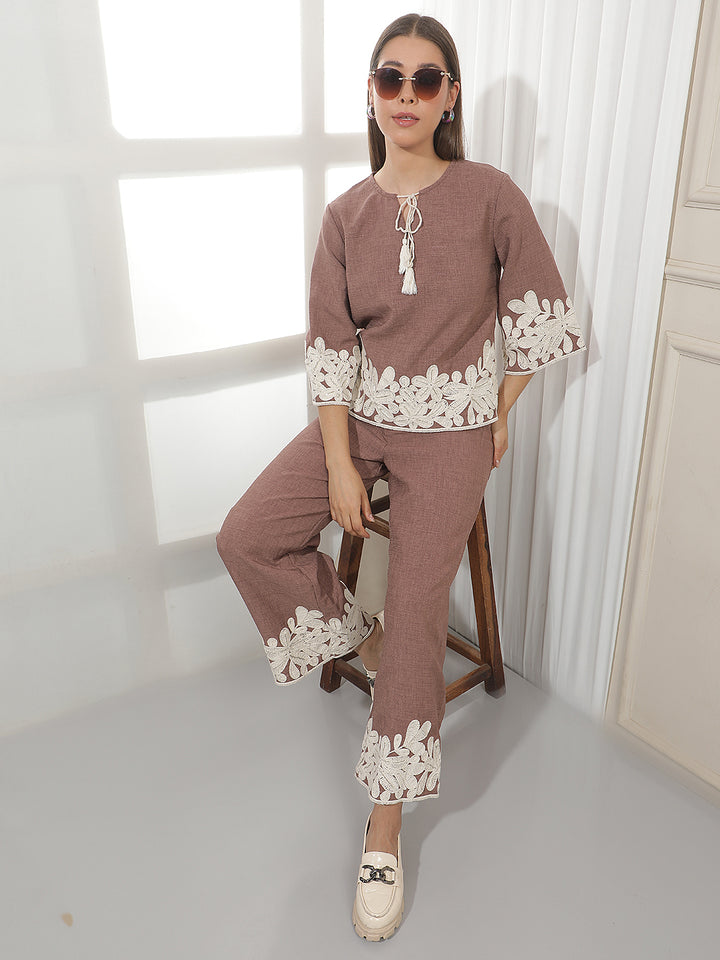 Brown Embroidered 100% Cotton Top