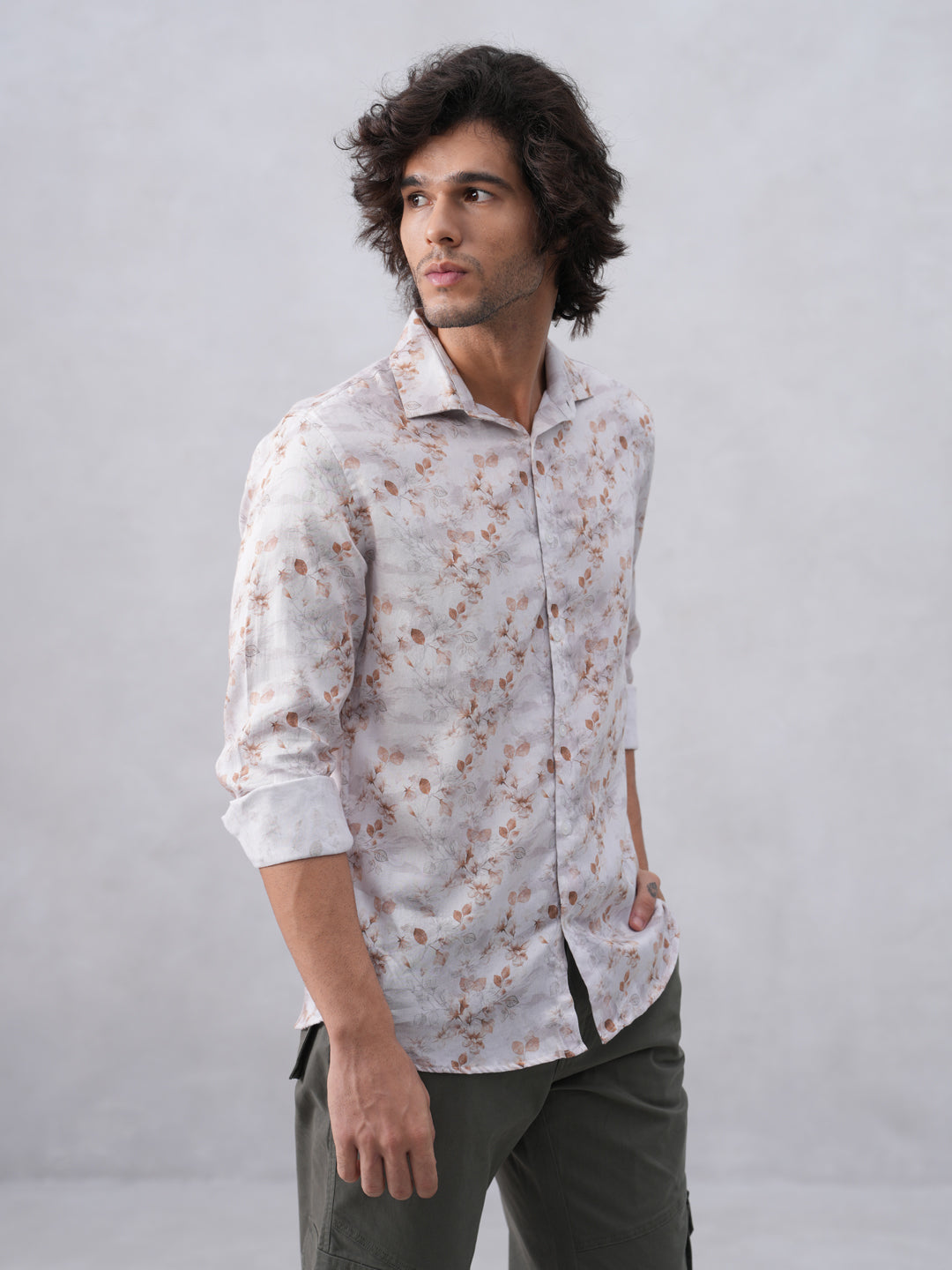 Peach Floral Print Linen Shirt