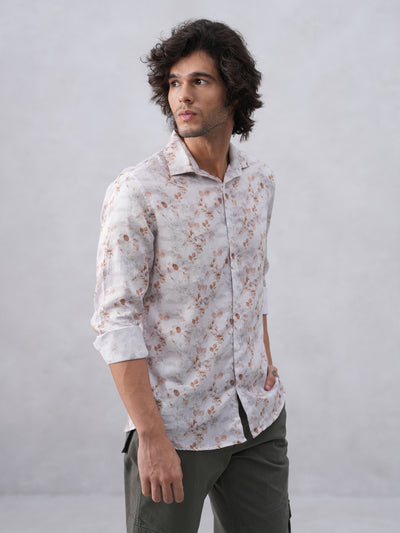 Peach Floral Print Linen Shirt