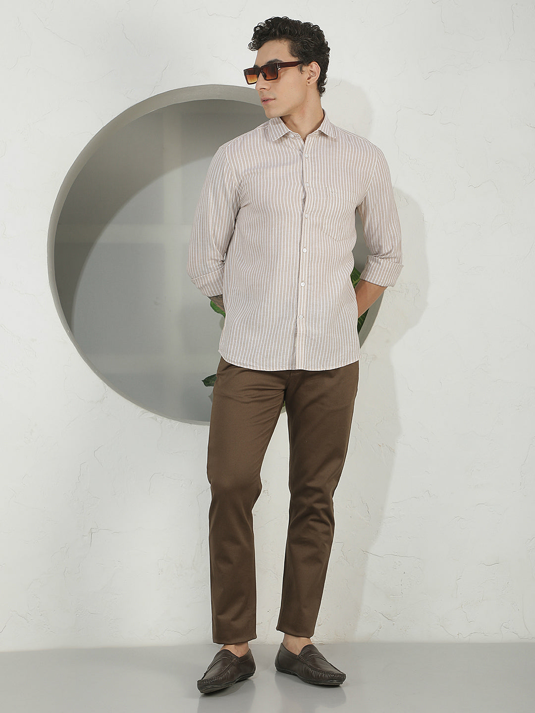 Tan Vertical Stripes Linen Shirt