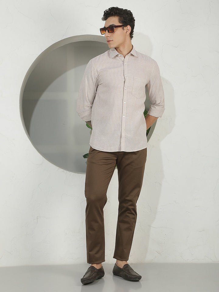 Tan Vertical Stripes Linen Shirt