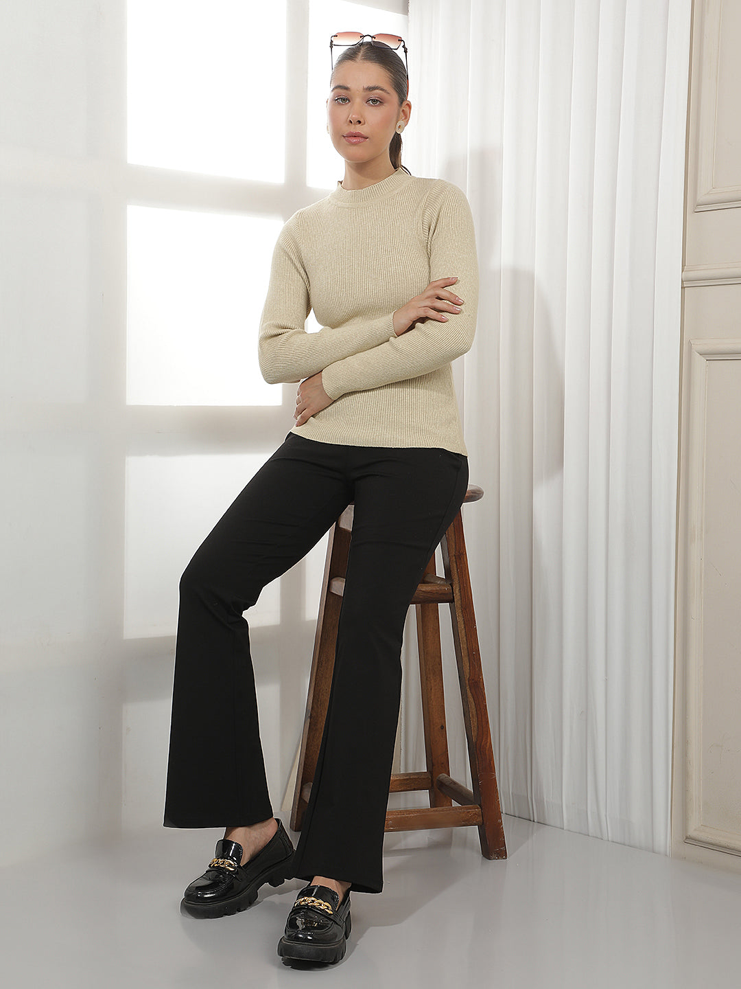 Beige Jacquard Mock Neck Sweater
