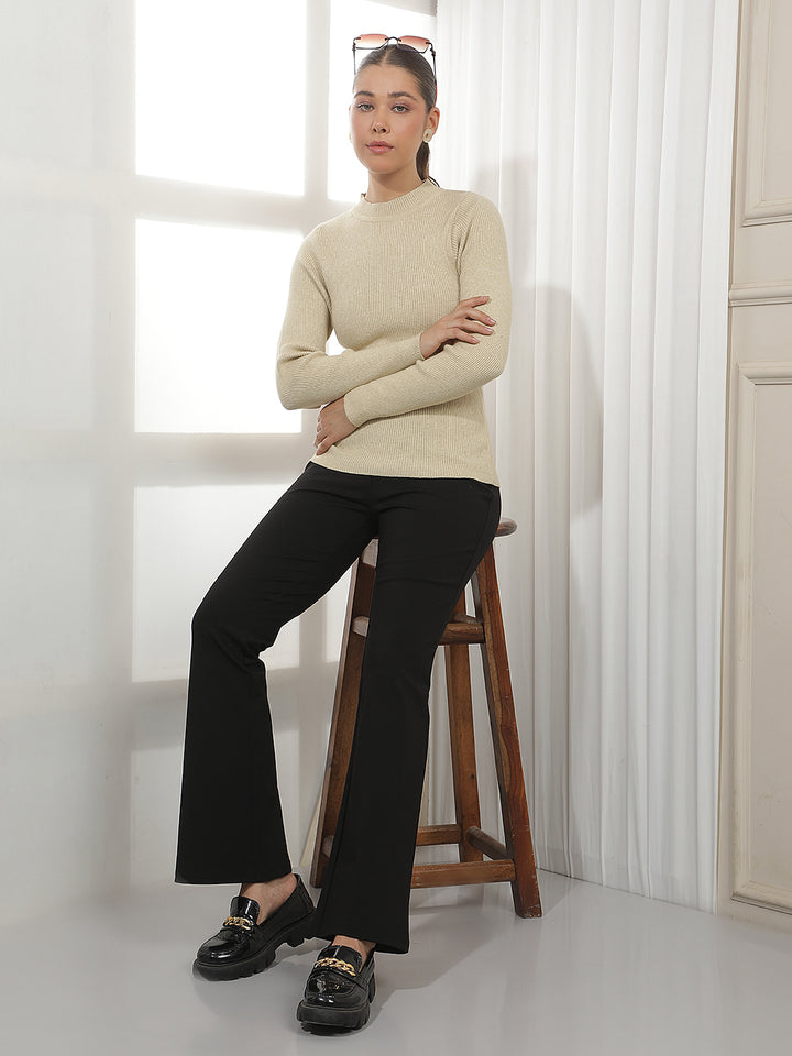 Beige Jacquard Mock Neck Sweater