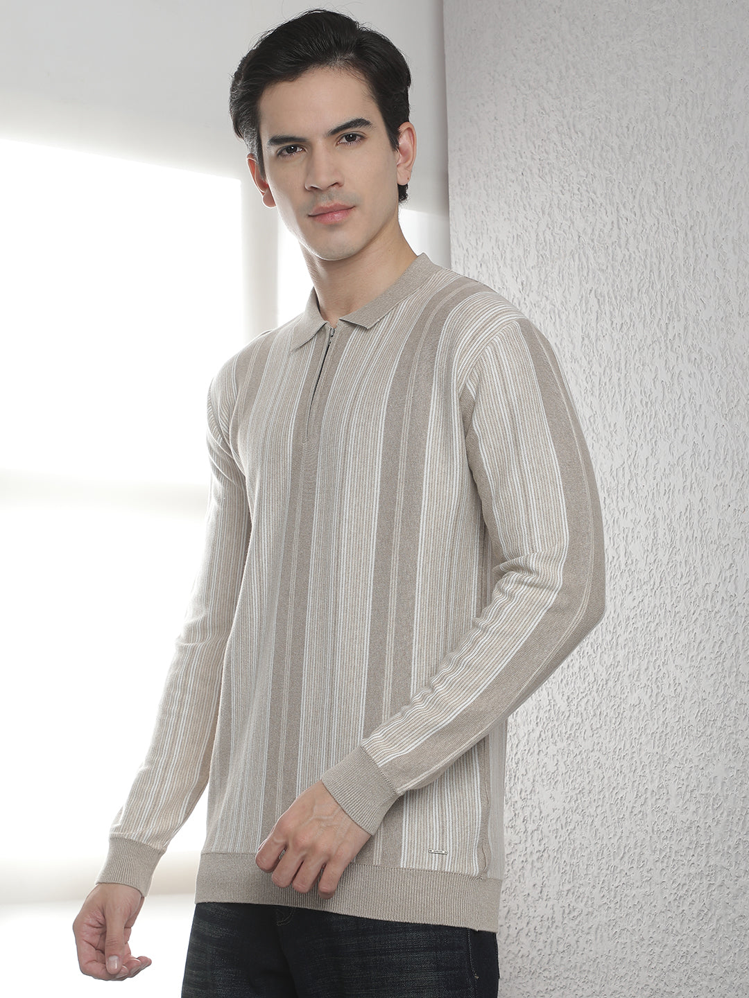 Beige 100% Cotton Verical Stripes Polo Neck Sweater