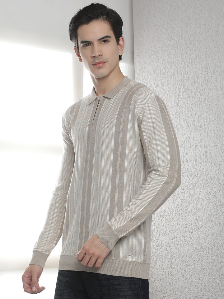 Beige 100% Cotton Verical Stripes Polo Neck Sweater