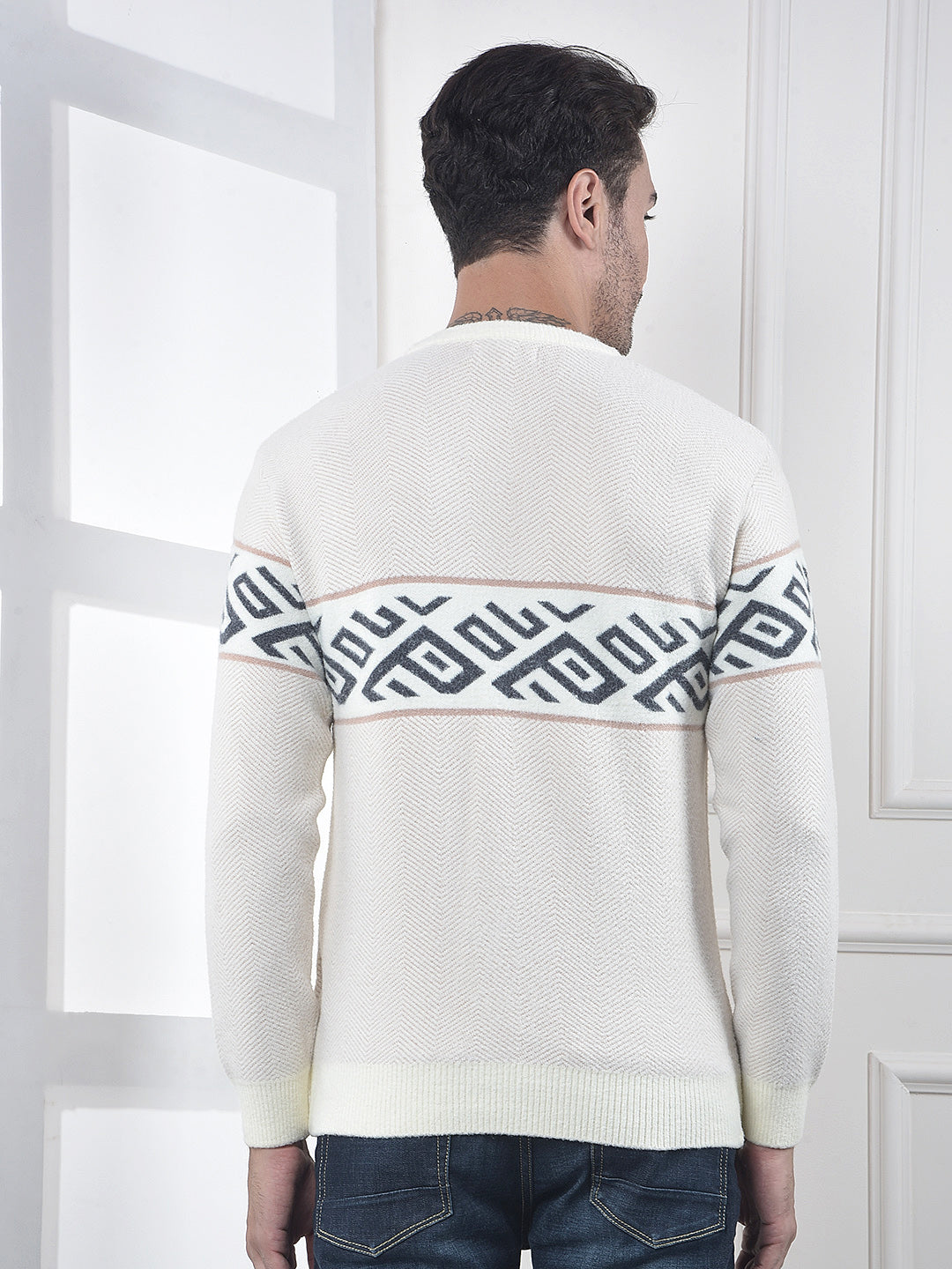 Cream Geometric Printed Pullover Sweater