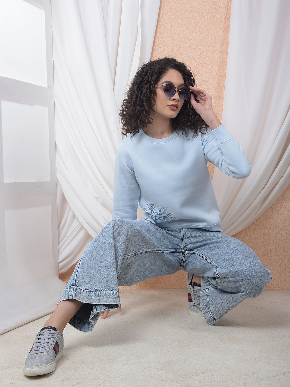 Textured 100% Cotton Wide Leg Blue Baggy Jeans