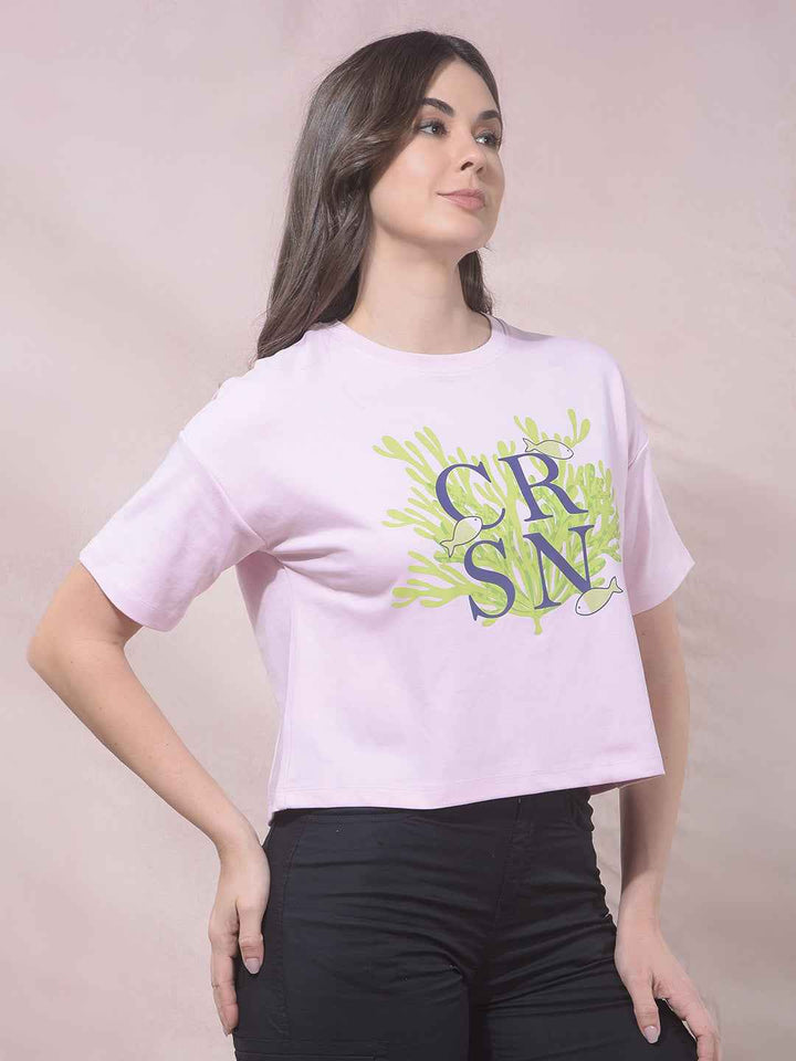 Pink Typographic Print Cropped T-Shirt