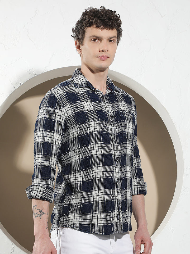 Navy Blue 100% Cotton Checked Shirt