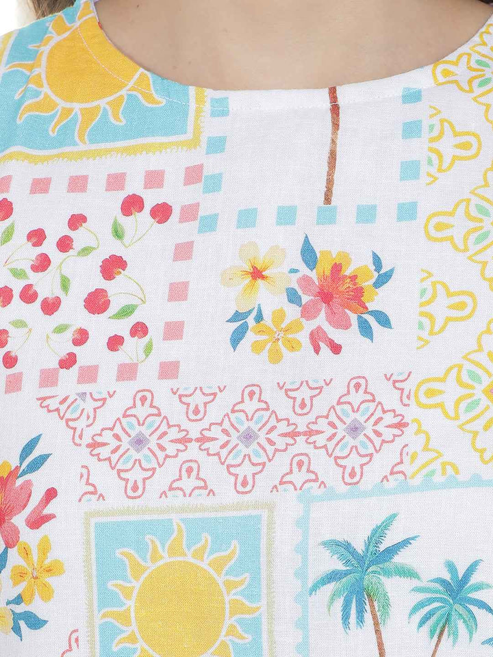Multi-Color Printed Sleeveless Linen A-Line Mini Dress