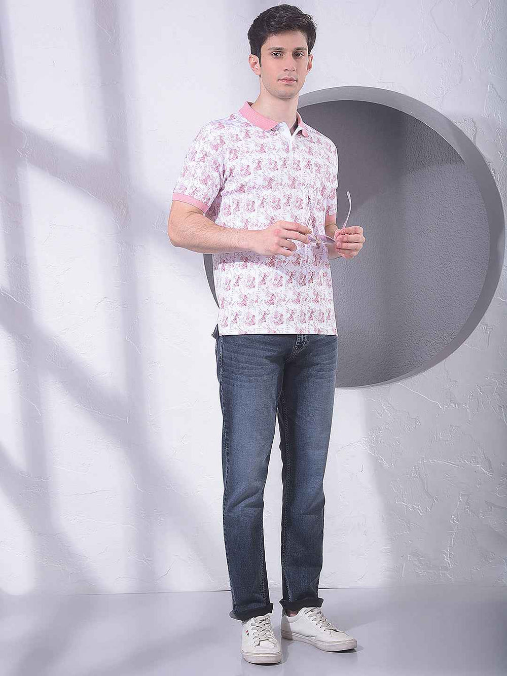 Pink 100% Cotton Geometric Print Polo T-Shirt