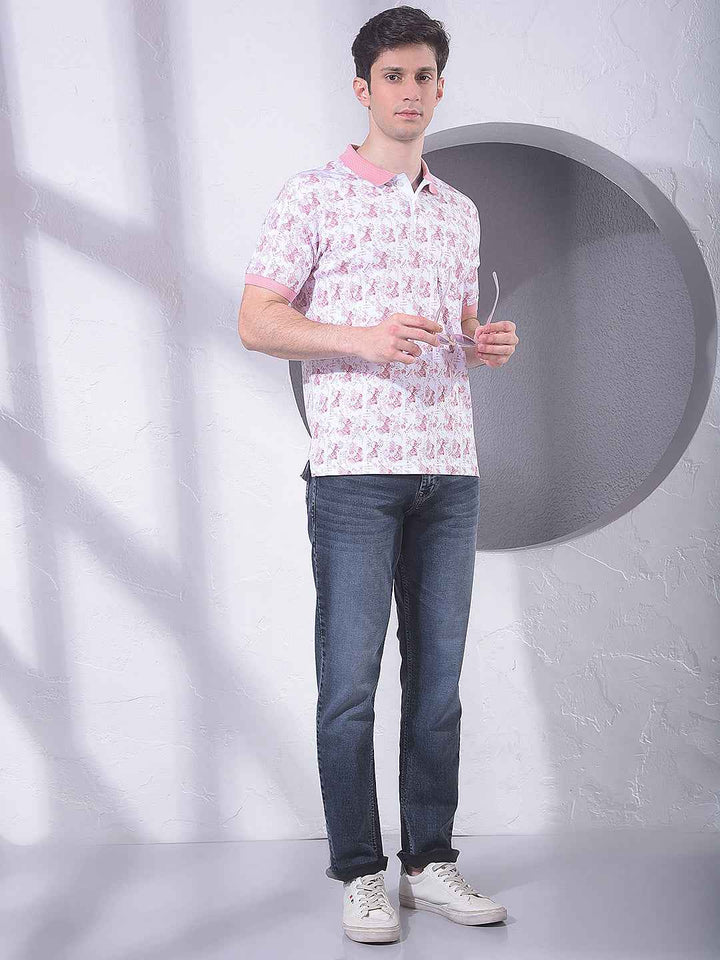 Pink 100% Cotton Geometric Print Polo T-Shirt