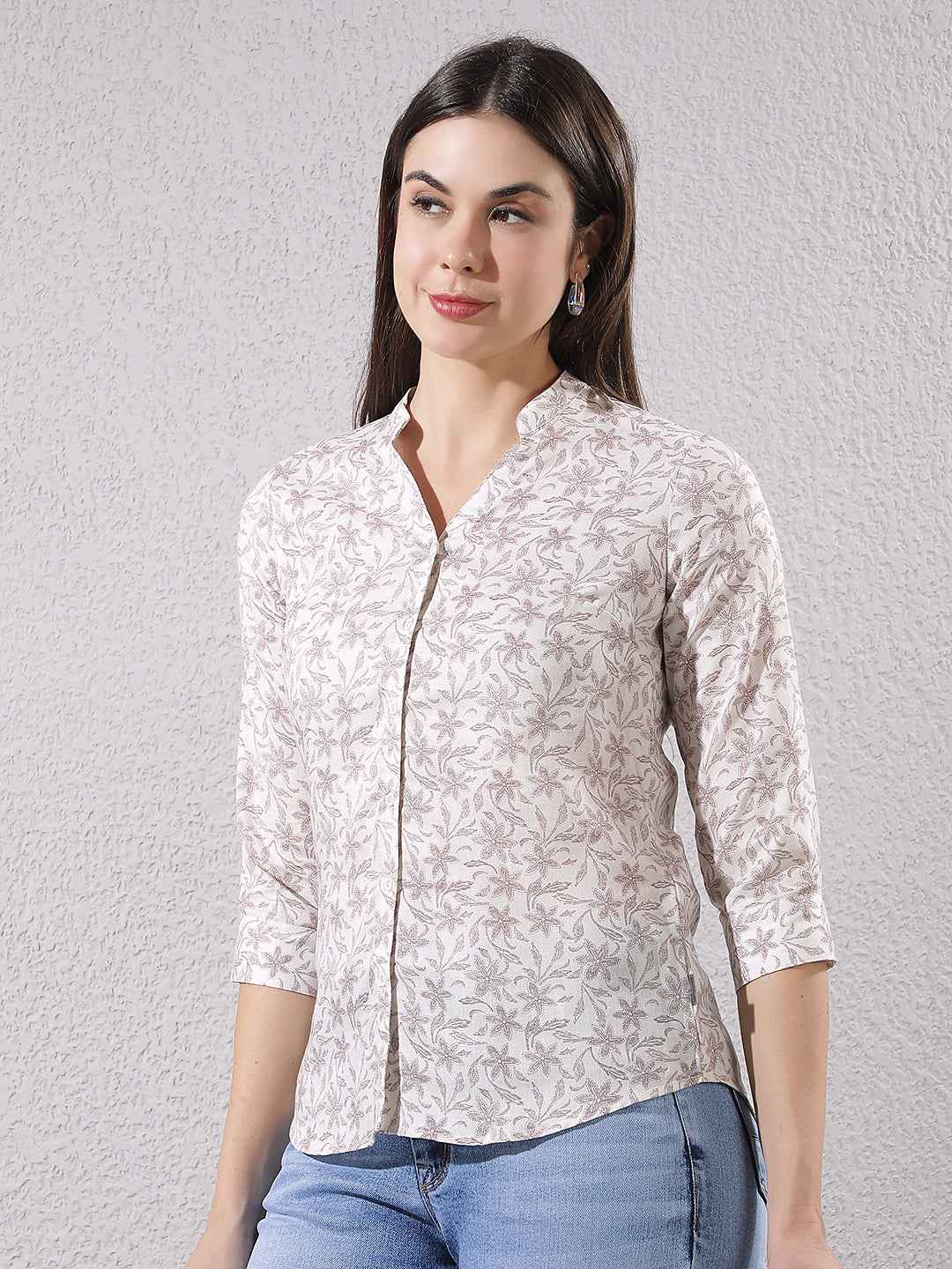 Purple Floral Print V-Neck Linen Shirt
