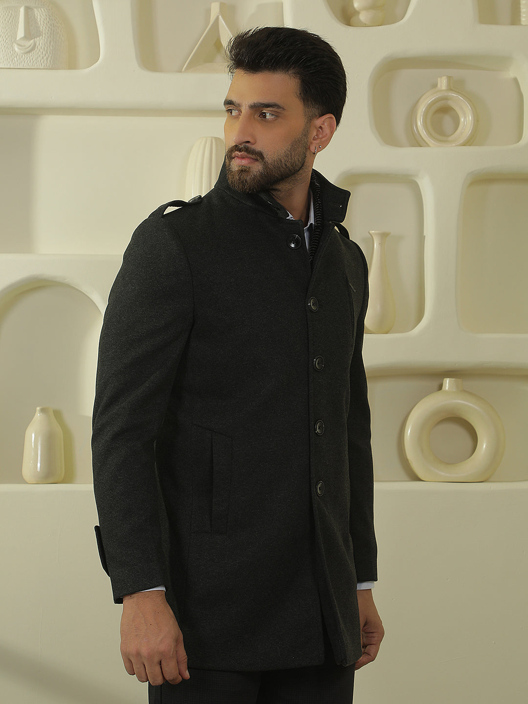 Black Longline Stand Collar Coat