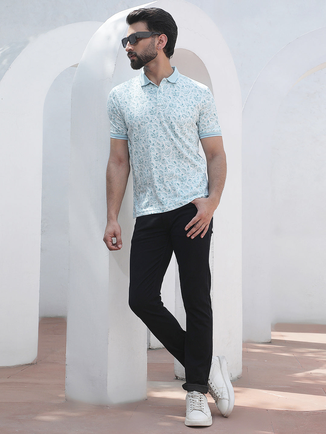 Blue Botanical Print Polo Neck T-Shirt