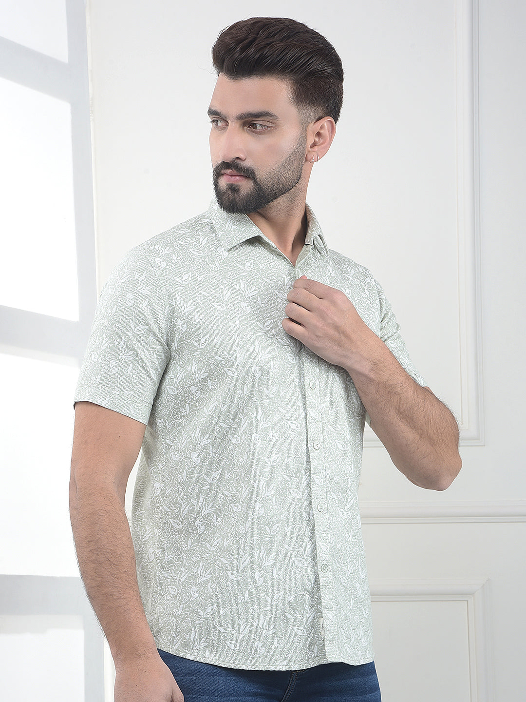 Green Floral Printed 100% Cotton Shirt