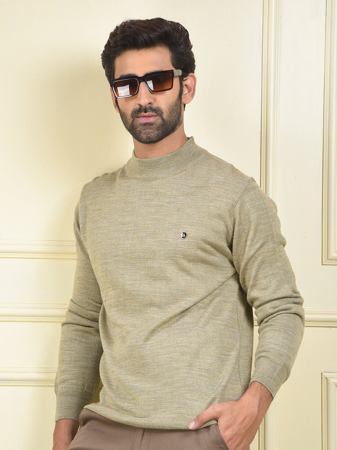 Beige High-Neck Knitted Sweater