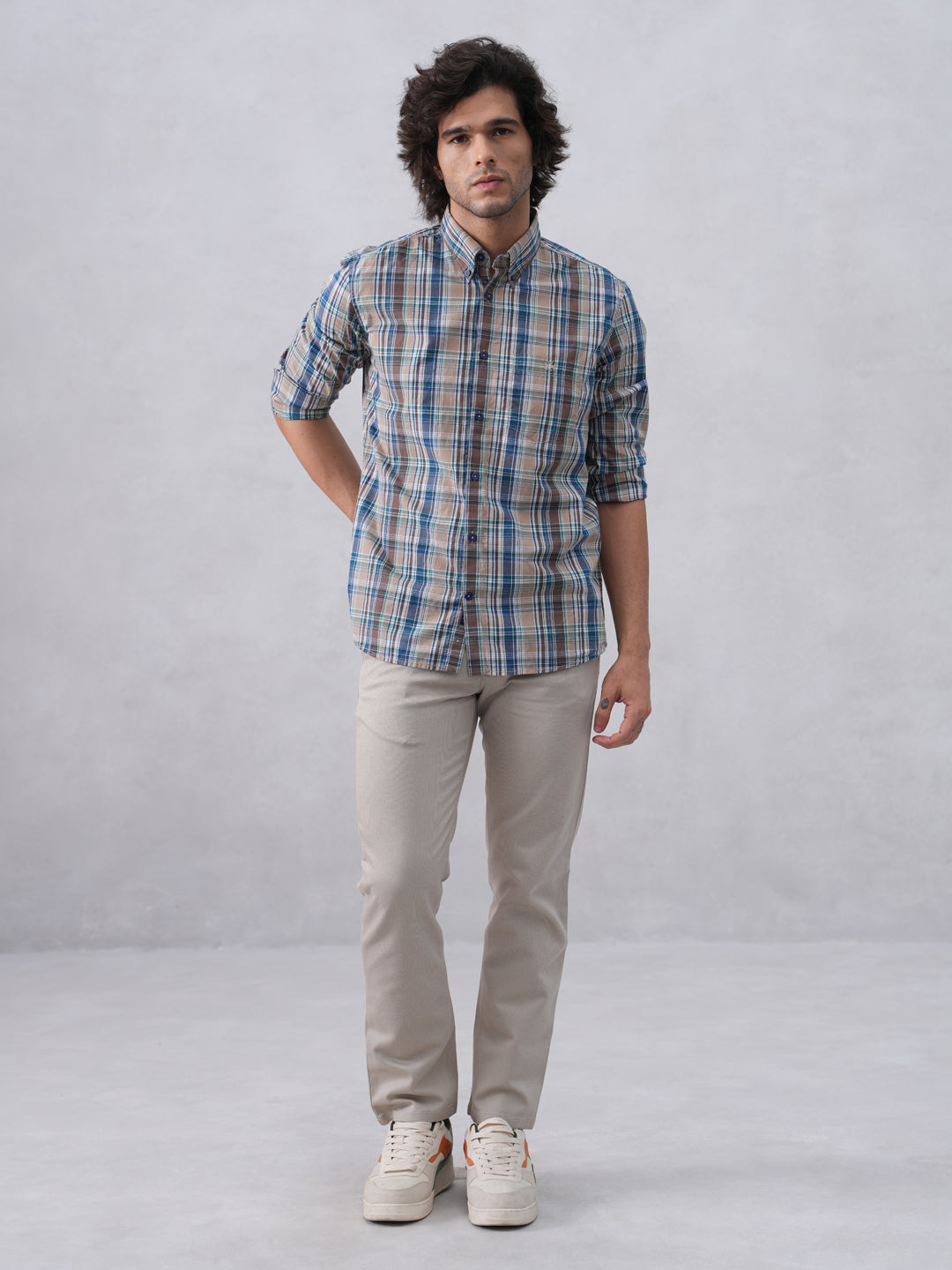 Brown Checked 100% Cotton Button-Down Collar Shirt