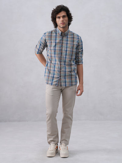 Brown Checked 100% Cotton Button-Down Collar Shirt