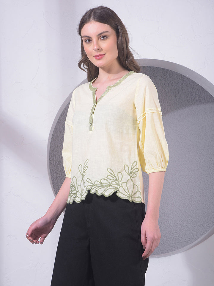 Yellow Embroidered V-Neck 100% Cotton Top